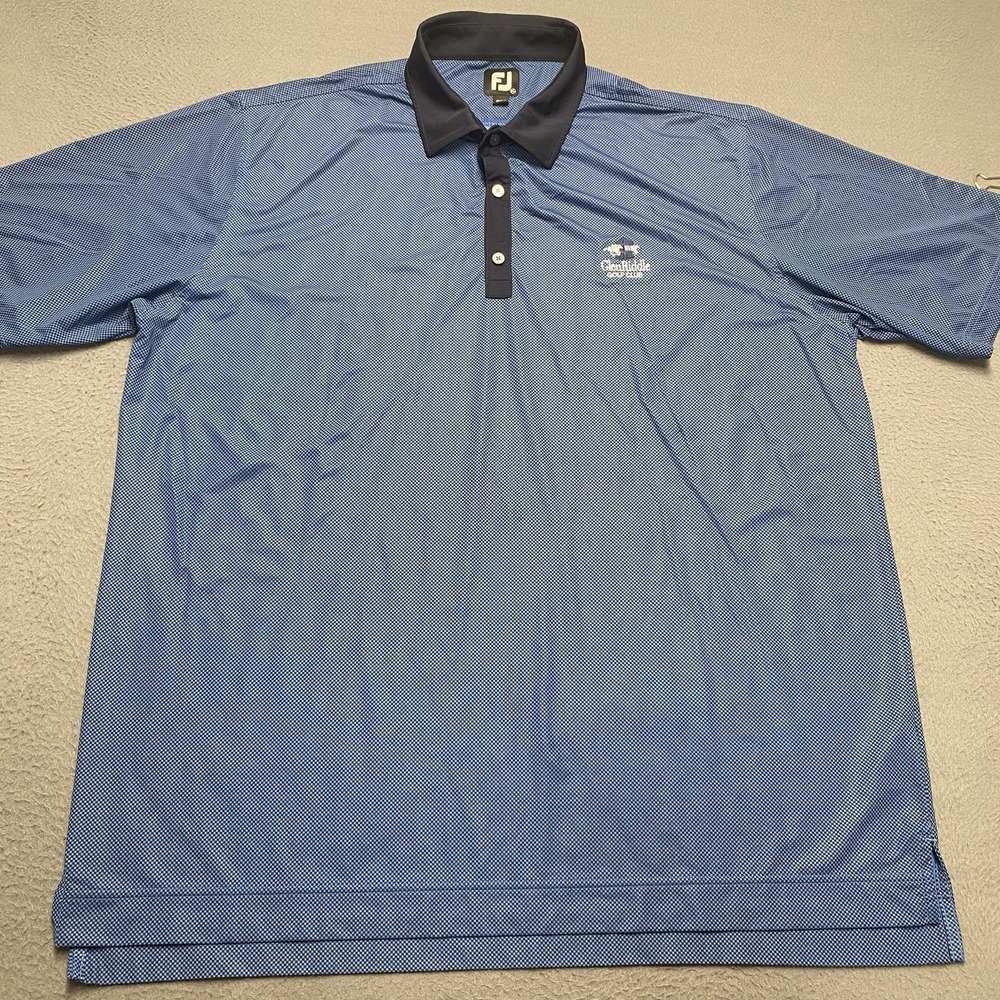 FootJoy Polo Shirt Mens 2XL Blue Check GlenRiddle Golf Club Logo Stretch Golf